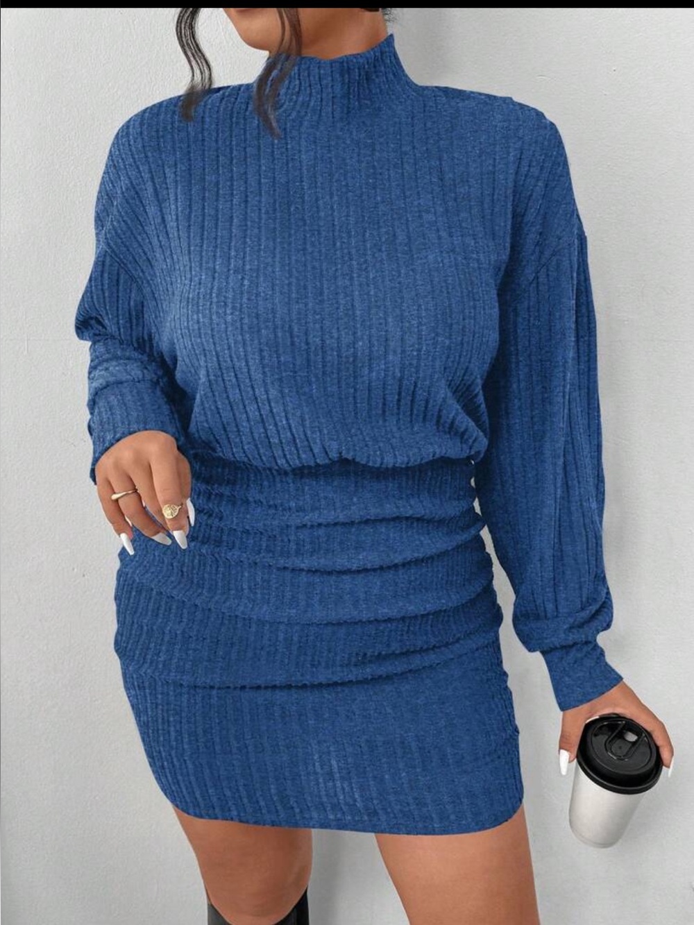 Soft Ribbed Knit Blue Mock-Neck Bodycon Dress